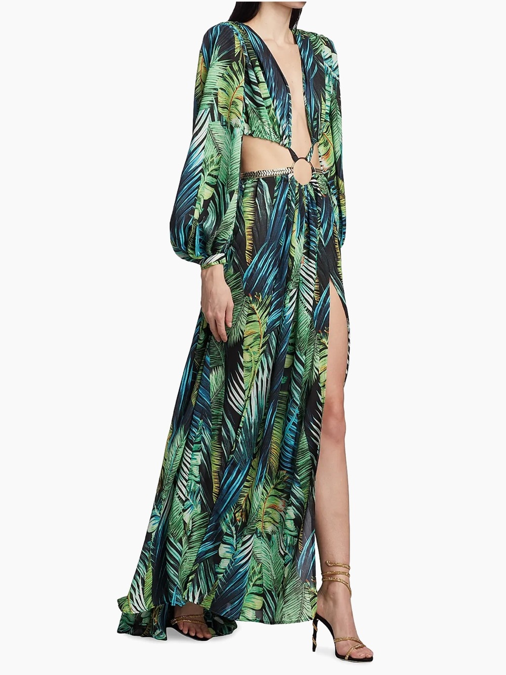 Bronx & Banco Jungle Cut Out Tropical Silk Maxi Dress Green M US 6 - Picture 2 of 14